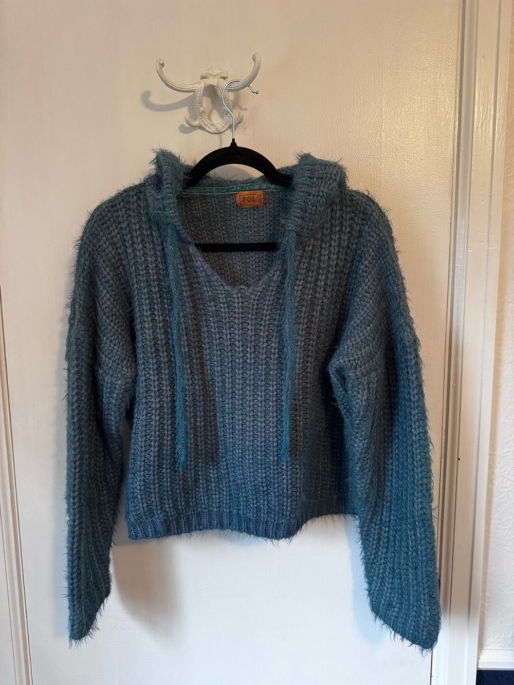 POL Blue Cable Knit Chenille Hoodie Sweater
